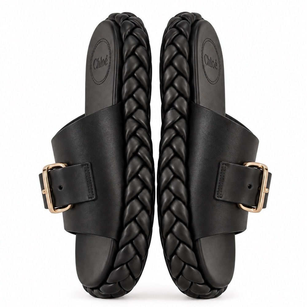 Chloé Kacey Braided Leather Buckle Slide Sandals Black EU 37 US 7 Luxury